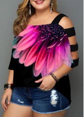Black Ladder Cutout Plus Size Floral Print T Shirt