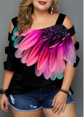 Black Ladder Cutout Plus Size Floral Print T Shirt