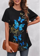 Round Neck Black Butterfly Print T Shirt