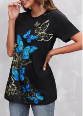 Round Neck Black Butterfly Print T Shirt