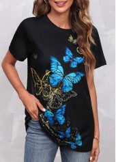 Round Neck Black Butterfly Print T Shirt