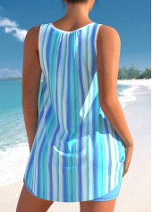 Striped Wide Strap Sky Blue Tankini Set