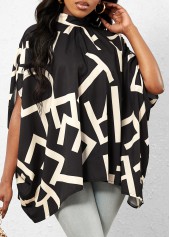 Black Geometric Print Mock Neck T Shirt