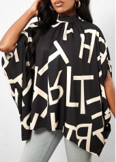 Black Geometric Print Mock Neck T Shirt