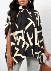 Black Geometric Print Mock Neck T Shirt