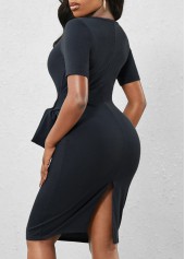 Round Neck Tie Front Dark Grey Dress