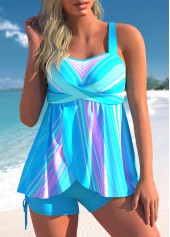 Drawstring Striped Sky Blue Tankini Set