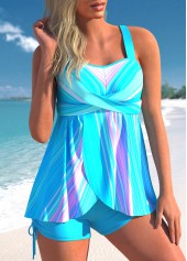 Drawstring Striped Sky Blue Tankini Set