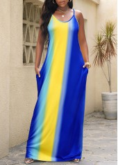 Double Side Pockets Striped Blue Sleeveless Dress