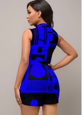 Geometric Print Royal Blue Split Neck Romper