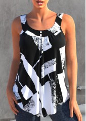 Geometric Print Black Round Neck Tank Top