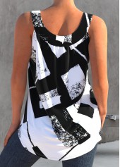 Geometric Print Black Round Neck Tank Top