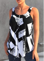 Geometric Print Black Round Neck Tank Top