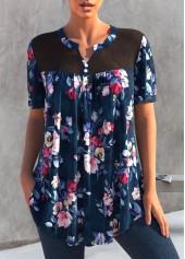 Floral Print Split Neck Navy Blue T Shirt