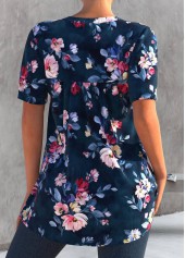 Floral Print Split Neck Navy Blue T Shirt