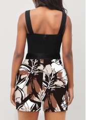 Plants Print Criss Cross Belted Black Romper