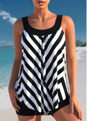 Contrast Stripe Print Black Tankini Top-No Bottom