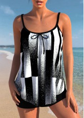 Black Contrast Geometric Print Bowknot Tankini Top-No Bottom