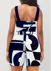 Color Block Geometric Print Belted Romper
