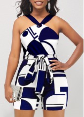 Color Block Geometric Print Belted Romper