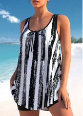 Wide Strap Striped Graffiti Print Black Tankini Set