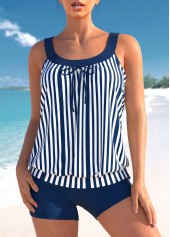 Striped Blue Bowknot Wide Strap Tankini Set