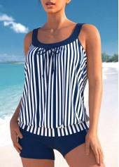 Striped Blue Bowknot Wide Strap Tankini Set