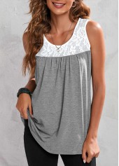 Grey Marl Lace Stitching Round Neck Tank Top