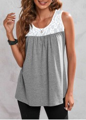 Grey Marl Lace Stitching Round Neck Tank Top