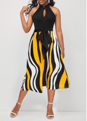 Bib Neck Color Block Striped Belted Dress