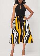 Bib Neck Color Block Striped Belted Dress