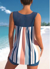 Denim Blue Bowknot Striped Mesh Stitching Tankini Set