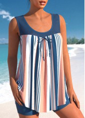 Denim Blue Bowknot Striped Mesh Stitching Tankini Set
