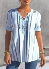 Dusty Blue Stripe Print Lace Patchwork Blouse