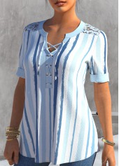 Dusty Blue Stripe Print Lace Patchwork Blouse