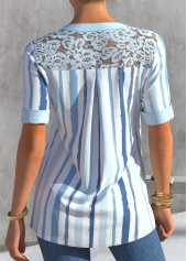Dusty Blue Stripe Print Lace Patchwork Blouse