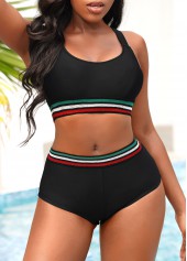 Wide Strap Mid Waist Black Bikini Set
