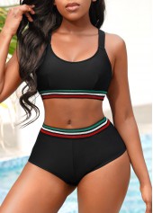 Wide Strap Mid Waist Black Bikini Set