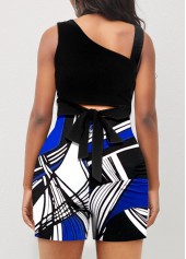 Geometric Print Sleeveless Black Asymmetrical Neck Romper
