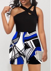 Geometric Print Sleeveless Black Asymmetrical Neck Romper