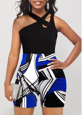 Geometric Print Sleeveless Black Asymmetrical Neck Romper