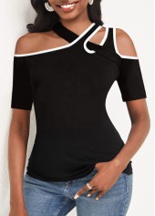 Black Cross Strap Cutout Contrast Stitch T Shirt