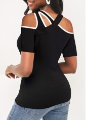 Black Cross Strap Cutout Contrast Stitch T Shirt