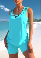 Cyan Lace Patchwork Cross Strap Tankini Set