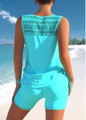 Cyan Lace Patchwork Cross Strap Tankini Set