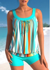 Bowknot Striped Cyan Blouson Tankini Set