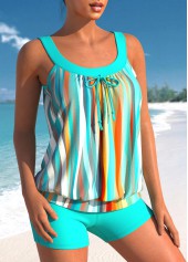 Bowknot Striped Cyan Blouson Tankini Set