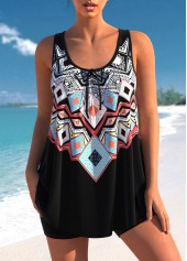 Bowknot Tribal Print Black Tankini Set