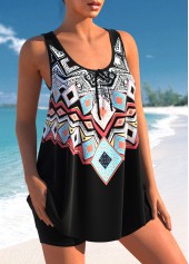 Bowknot Tribal Print Black Tankini Set