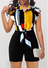 Black Geometric Print Ruffle Sleeve Tie Front Romper